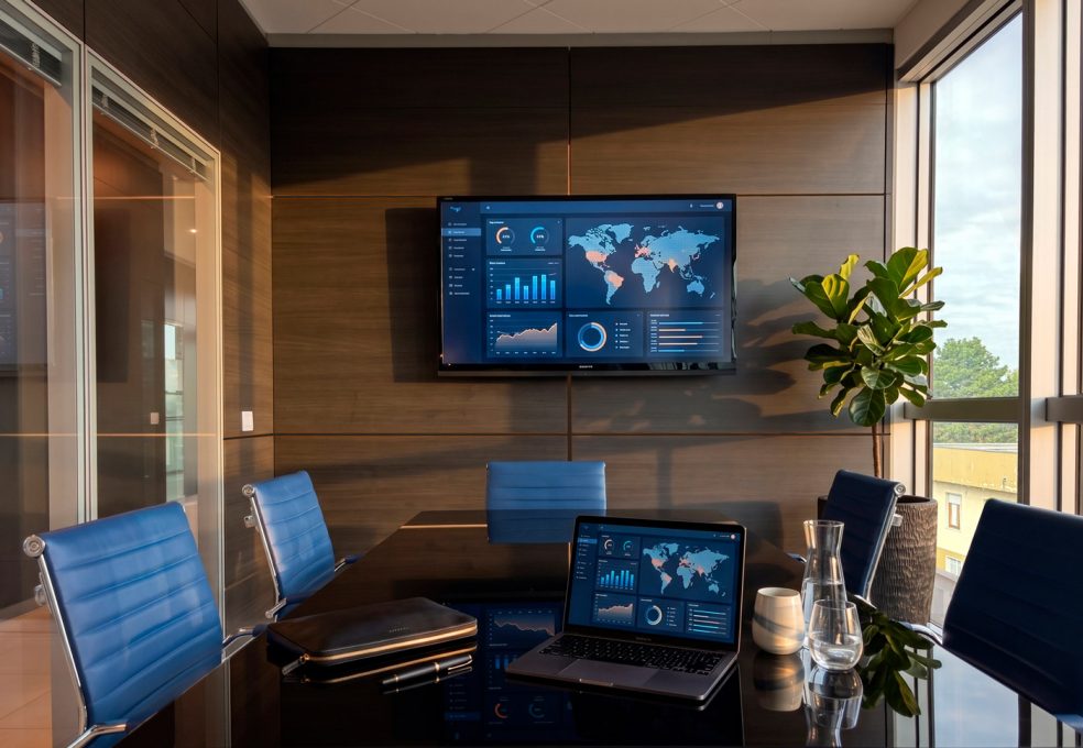 Air Control Lainate - Sala meeting con boiserie scura e poltroncine in pelle blu